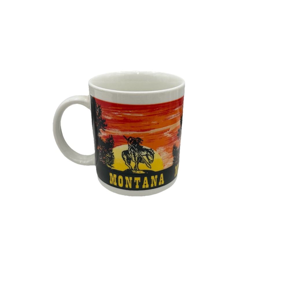 Montana End of the Trail Souvenir Coffee Mug Native Am Warrior Orange Sunset EUC